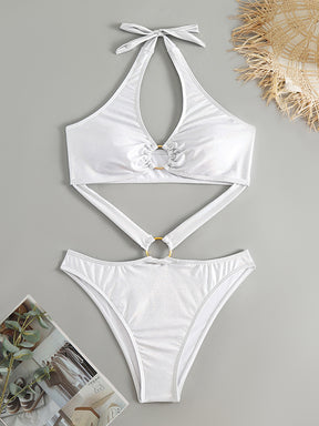Bandage Hollow Solid Color Padded Halter-Neck One-Piece Swimwear