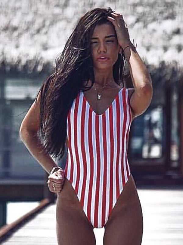 Backless Belly-Hollow Striped Padded Deep V-Neck One-Piece Swimwear