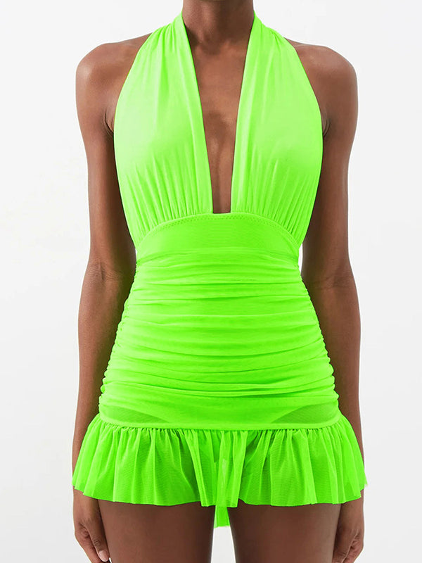 Backless Bandage Hollow Halter-Neck One-Piece Swimwear&Cover-Ups Skirts