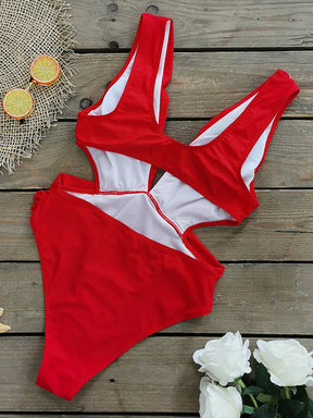Padded Hollow Solid Color Deep V-Neck One-Piece Swimwear