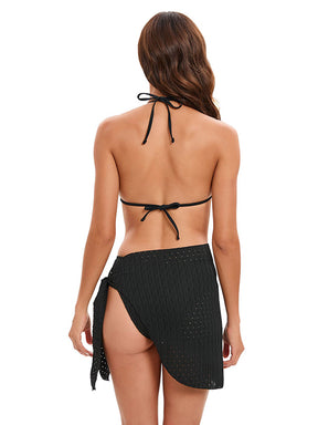 Three-piece Set Padded Backless Solid Color Halter-Neck Bikini Swimsuit