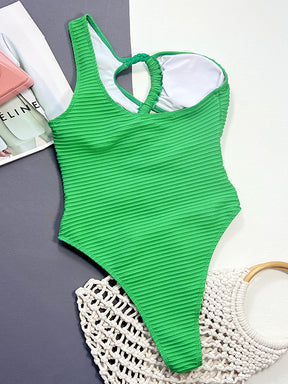 Hollow Solid Color Padded One-Shoulder One-Piece Swimwear