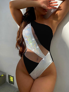 Padded One-Shoulder Color-Block Hollow One-Piece Swimwear