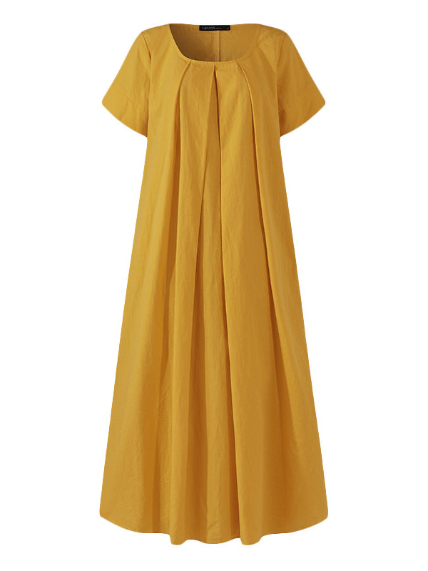 Simple Solid Color U-Neck Pleated Short Sleeves Maxi Dress