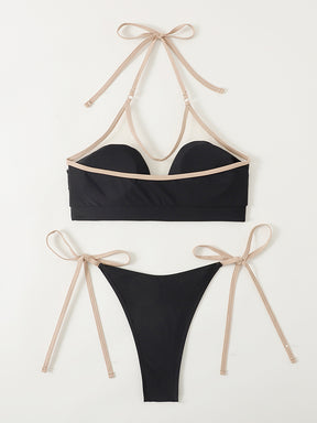 Bandage Color-Block Split-Joint Padded Halter-Neck Bikini Swimsuit
