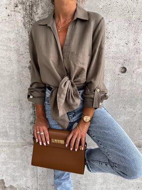Trendy Long Sleeves Solid Color Lapel Collar Blouses