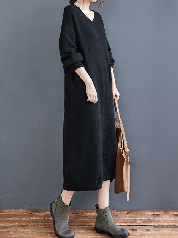Loose Casual Solid Color V-Neck Long Sleeves Knitted Midi Dress