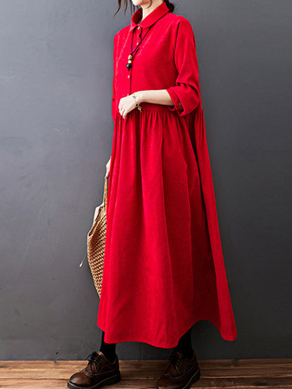 Vintage Split-Joint Solid Color Long Sleeves Lapel A-Line Corduroy Midi Dress