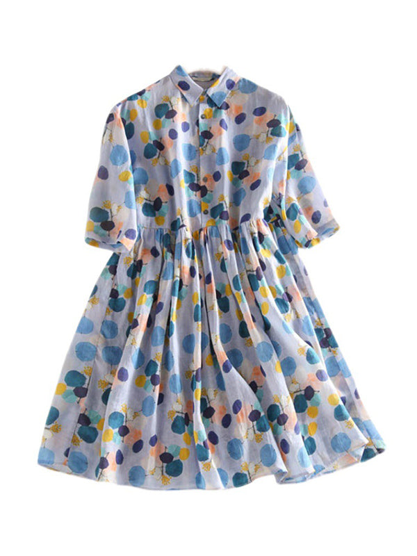 Original Polka-Dot Lapel Short Sleeves A-Line Midi Dress