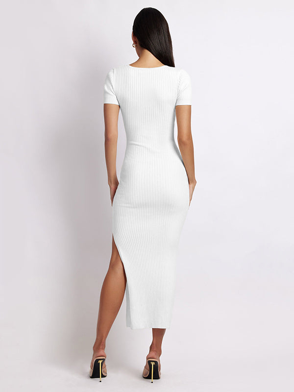 Simple Short Sleeves Skinny Solid Color V-Neck Midi Dresses