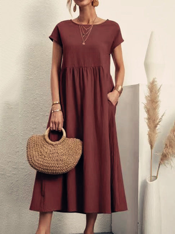 Pleated Solid Color Loose Short Sleeves Round-Neck Midi Dresses