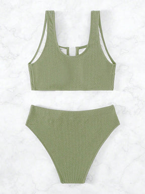 Hollow Solid Color Padded U-Neck Bikini Swimsuit