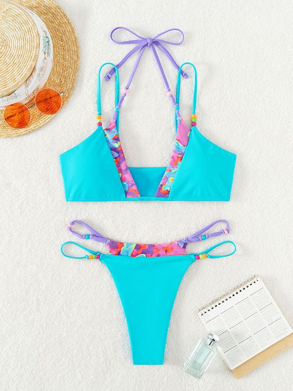 Padded Bandage Beads Color-Block Printed Spaghetti-Neck Bikini Swimsuit