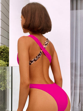 Backless Belly-Hollow Color-Block Leopard Padded Halter-Neck One-Piece Swimwear