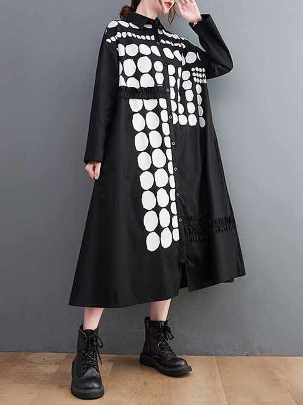 Asymmetric Buttoned Polka-Dot A-Line Long Sleeves Lapel Midi Dresses