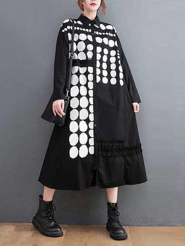 Asymmetric Buttoned Polka-Dot A-Line Long Sleeves Lapel Midi Dresses