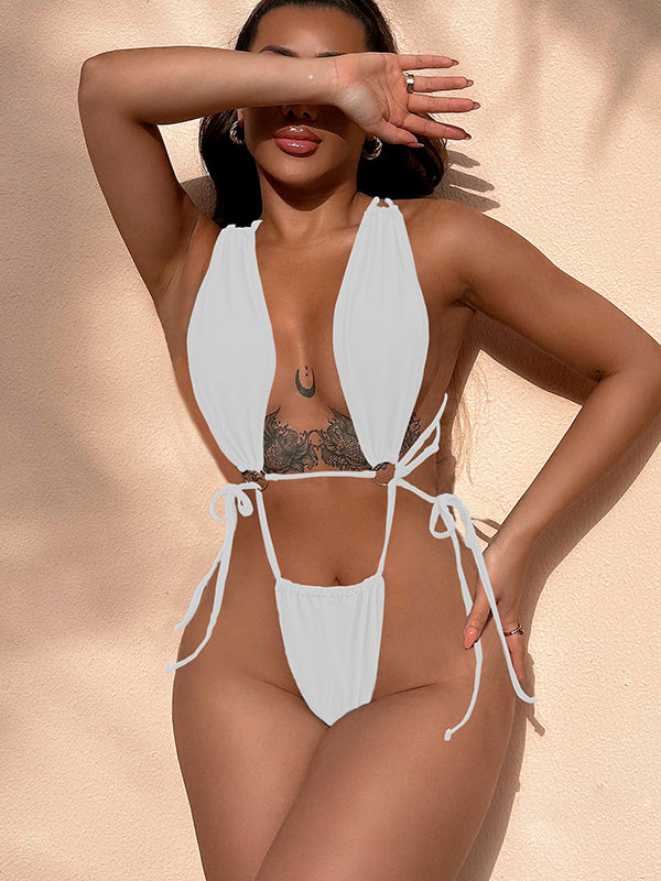 Back Cross Bandage Belly-Hollow Solid Color Wrap One-Piece Swimwear