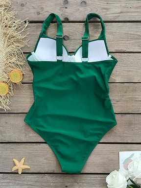 Belted Solid Color Padded Spaghetti-Neck One-Piece Swimwear