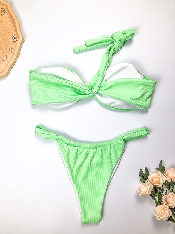 Ribbed Solid Color Padded One-Shoulder Bikini Swimsuit