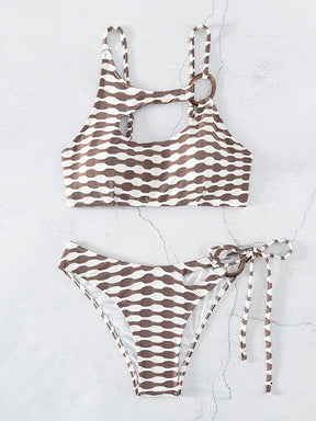 Padded Color-Block Hollow Striped Bikini Swimsuit