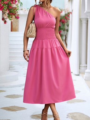 Solid Color Sleeveless One-shoulder Midi Dresses