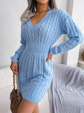 Solid Color High Waisted Long Sleeves V-Neck Sweater Dresses Mini Dresses