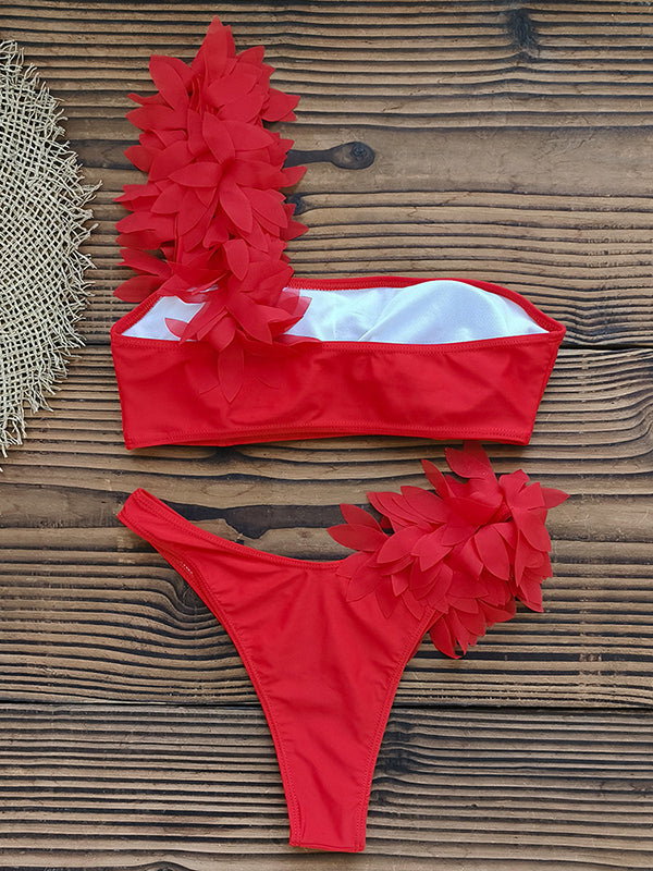Falbala Solid Color Split-Joint Padded One-Shoulder Bikini Swimsuit