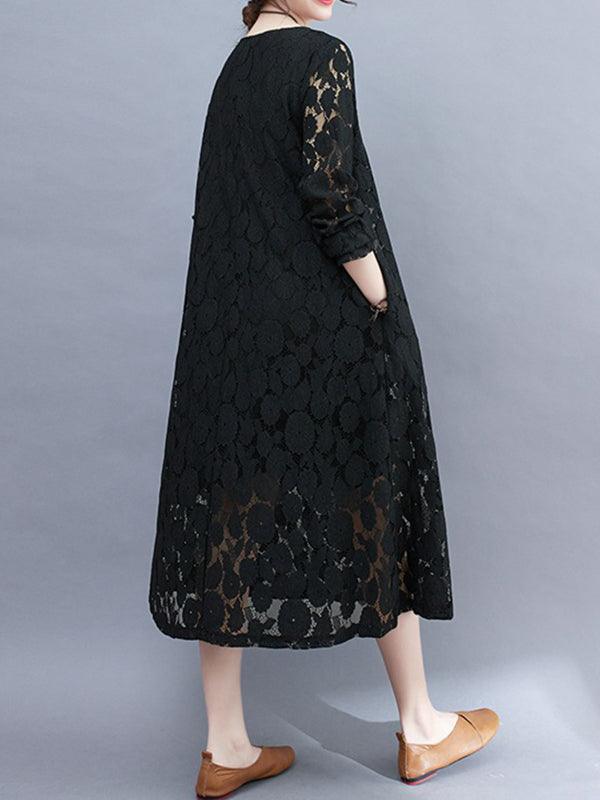 A-Line Long Sleeves Hollow Round-Neck Midi Dresses