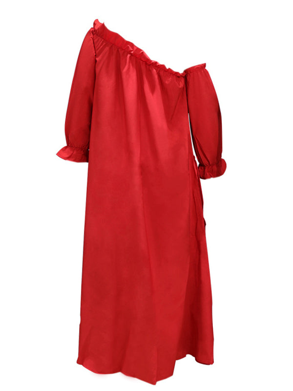 Loose Irregularity Falbala Solid Color Off-The-Shoulder Midi Dresses