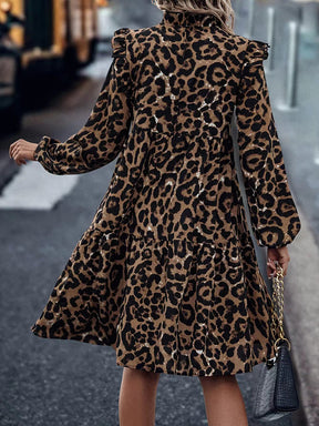 Leopard Pleated Split-Joint Loose Puff Sleeves Stand Collar Midi Dresses