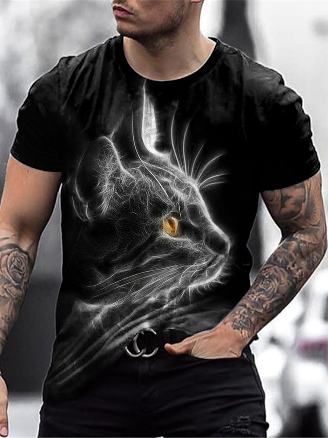 Men's Shiny Cat Print Short Sleeve T-Shirt