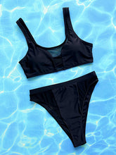 Padded Hollow Mesh Solid Color U-Neck Bikini Swimsuit
