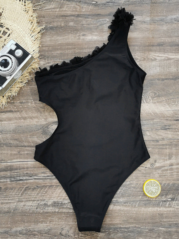 Belly-Hollow Lacy Solid Color Padded One-Shoulder One-Piece Swimwear