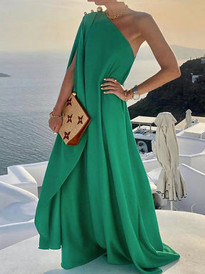 Simple Asymmetric Solid Color One-Shoulder Maxi Dresses