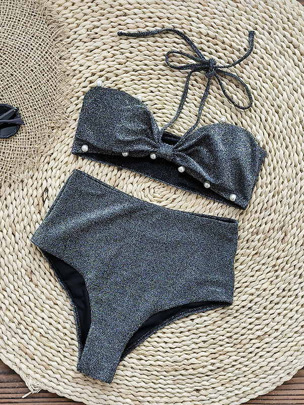 Backless Bandage Beads Sequined Solid Color Padded Halter-Neck Bikini Swimsuit