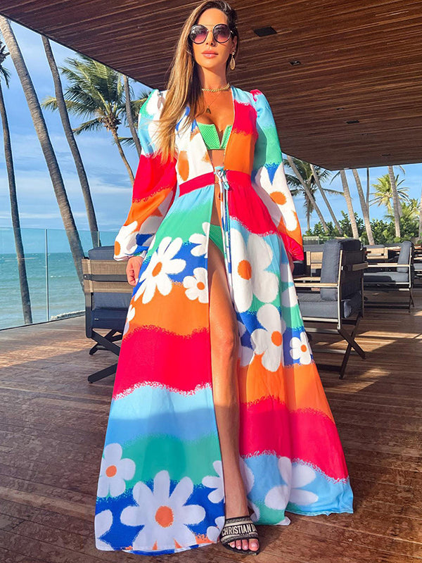 Long Sleeves Bandage Floral Printed Multi-Colored Cover-Ups Swimwear