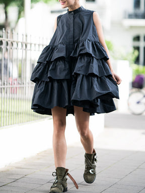 Original Stylish Solid Color Falbala Stand Collar Sleeveless Mini Dress