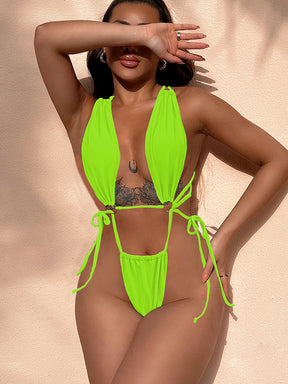 Back Cross Bandage Belly-Hollow Solid Color Wrap One-Piece Swimwear