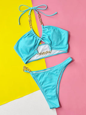 Bandage Hollow Solid Color Padded Halter-Neck Bikini Swimsuit