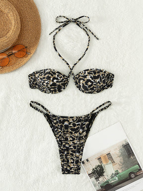 Padded Backless Hollow Leopard Halter-Neck Bikini Swimsuit