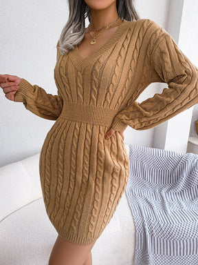 Solid Color High Waisted Long Sleeves V-Neck Sweater Dresses Mini Dresses
