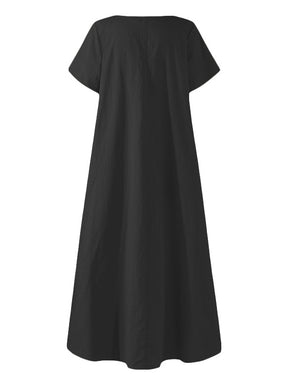 Simple Solid Color U-Neck Pleated Short Sleeves Maxi Dress