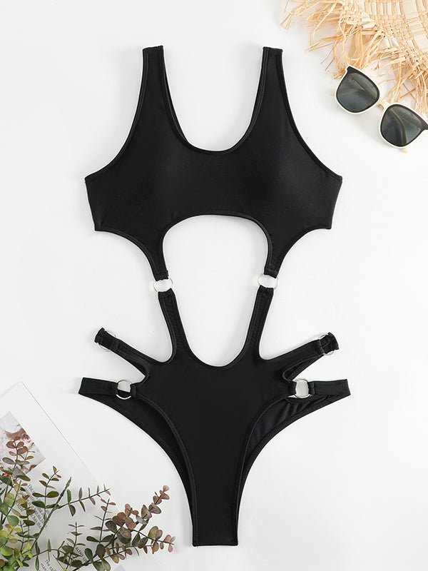 Belly-Hollow Solid Color Padded Spaghetti-Neck One-Piece Swimwear