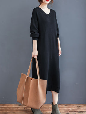 Loose Casual Solid Color V-Neck Long Sleeves Knitted Midi Dress