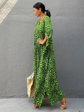 Green Leopard V-Neck Split-Side Batwing Sleeves Maxi Dress