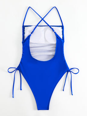 Backless Drawstring Solid Color Padded One-Piece Swimwear