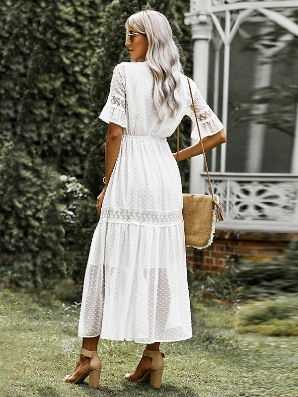 Vacation Puff Sleeves A-Line Solid Dress