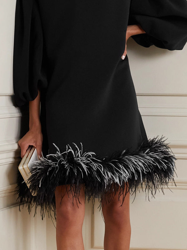 Loose Puff Sleeves Feathers Split-Joint Round-neck Mini Dresses Short Dresses