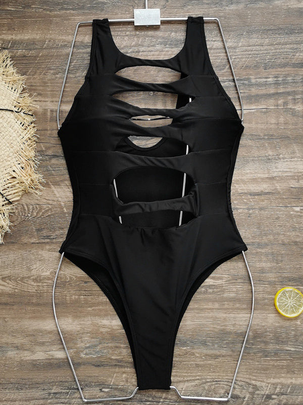 Backless Hollow Solid Color One-Piece Swimwear