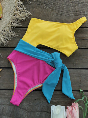 Padded Bandage Belted Belly-Hollow One-Shoulder One-Piece Swimwear